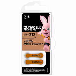 Duracell Piles auditives 312, Batterie à usage unique, Zinc-Air, 1,45 V, 6 pièce(s), 185 mAh, 4 année(s)