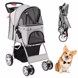 COSTWAY Poussette Buggy Pliable Animaux 4 Roues Charge 15 KG Chariot pour Chat Chien avec Porte-gobelet et Panier de Rangemen ...