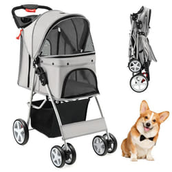 COSTWAY Poussette Buggy Pliable Animaux 4 Roues Charge 15 KG Chariot pour Chat Chien avec Porte-gobelet et Panier de Rangement Gris