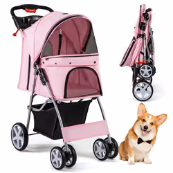 COSTWAY Poussette Buggy Pliable Animaux 4 Roues Charge 15 KG Chariot pour Chat Chien avec Porte-gobelet et Panier de Rangemen ...