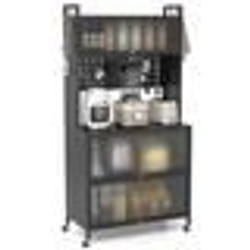 COSTWAY Buffet de Cuisine à 5 Niveaux avec Lumières Support Micro-ondes à Roues avec Portes Crochets Pieds Ajustables Noir