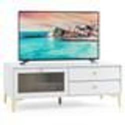 COSTWAY Meuble TV pour TV 55 avec Porte et 2 Tiroirs Porte en Verre Trempé Rabattable pour Salon Chambre 120 x 62 x 46 cm