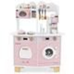 COSTWAY Cuisine pour Enfant 3 Ans+ avec 12 Accessoires Zone : Cafetièree Micro-ondes Four Machine à Laver Rose