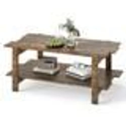 Table Basse Salon à 2 Niveaux COSTWAY Bois à Lattes Étagère de Rangement Table Rectangulaire dAccent Charge Totale 120KG Noyer
