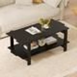 Table Basse Salon à 2 Niveaux COSTWAY Bois à Lattes Étagère de Rangement Table Rectangulaire dAccent Charge Totale 120 KG Noir