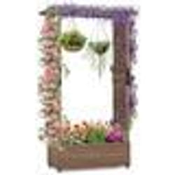 COSTWAY Jardinière avec Treillis Latéraux en Arc - Toit Suspendu Trou de Drainage Bois Sapin Pré-huilé - 110 x 44 x 182 cm Noyer