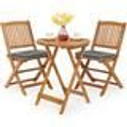 COSTWAY Ensemble 3 PCS de Table Pliante et Chaises de Jardin Coussins Doux Gris Mobilier de Patio pour Véranda Balcon Terrasse