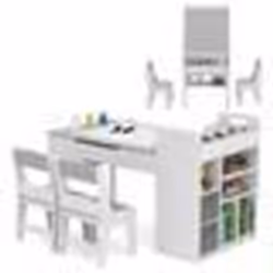 COSTWAY Table 3 en 1 et 2 Chaises Enfants -Rouleau de Papier -Plateau Rabattable - Étagères -Bacs en Tissu-8 Pots de Peinture ...