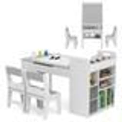 COSTWAY Table 3 en 1 et 2 Chaises Enfants -Rouleau de Papier -Plateau Rabattable - Étagères -Bacs en Tissu-8 Pots de Peinture Gris