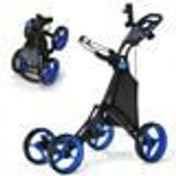 Chariot de Golf 4 Roues Pliable à Pousser ou à Tirer COSTWAY-Sac Imperméable-Frein à Pied-Porte-ParapluiePoignée-Bleu