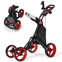 Chariot de Golf 4 Roues Pliable à Pousser ou à Tirer COSTWAY-Sac Imperméable-Frein à Pied-Porte-ParapluiePoignée-Rouge