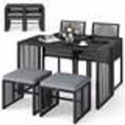 COSTWAY Ensemble de Meubles de Terrasse en Osier PE 5 Pièces Chaises en Rotin avec Coussins Table en Verre Trempé avec Poufs