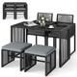 COSTWAY Ensemble de Meubles de Terrasse en Osier PE 5 Pièces Chaises en Rotin avec Coussins Table en Verre Trempé avec Poufs