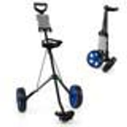 Chariot de Golf Pliable COSTWAY-2 Roues en EVA-Emplacements pour 4 Tees 4 Balls-Tableau de Score-Cadre Fer-Sangle Réglable-Bleu