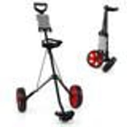 Chariot de Golf Pliable COSTWAY-2 Roue en EVA-Emplacements pour 4 Tees 4 Balls-Tableau de Score-Cadre Fer-Sangle Réglable-Rouge