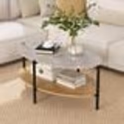 Table Basse Ovale à 2 Niveaux COSTWAY Plateau en Pierre Structure en Métal Rangement Table Basse Salon pour Salle de Réceptio ...