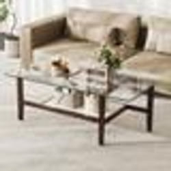 COSTWAY Table Basse en Verre Trempé à 2 Niveaux Pieds en Bois dHévéa Table Basse Salon Rectangulaire de 107 cm pour Bureau