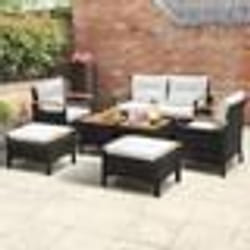 COSTWAY 7 PCS Ensemble Tables et Chaises de Jardin en Rotin PE avec Coussins Plateau de Table et Accoudoirs en Bois dAcacia
