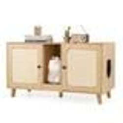 COSTWAY Meuble pour Chat 108 cm avec Bac à Litière Double Compartiments 2 Griffoirs en Sisal Planche à Gratter Naturel