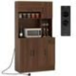 COSTWAY Buffet de Cuisine 167 cm Armoire Rabattable et Prises de Courant Support à Verres à Pied Tiroir Etagères Réglables