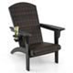 COSTWAY Chaise de Jardin Adirondack en PEHD Siège et Dossier Rembourrés en Rotin Accoudoirs Larges et Porte-Gobelet Caché Noir