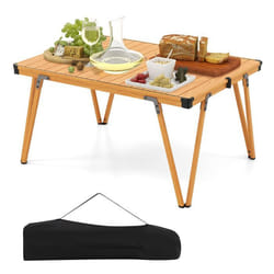 COSTWAY Table Pliante de Jardin avec Sac de Rangement Plateau Etanche et Enroulable Structure en Aluminium Charge 80 kg Naturel
