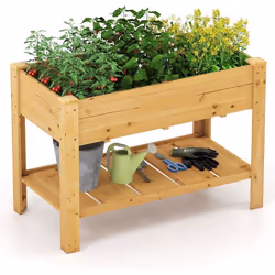 COSTWAY Jardinière Surélevé sur Pieds en Bois Bac de Jardin 120 x 60 x 80 CM avec Étagère Drainage pour Légumes Fruits Nature ...
