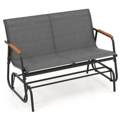 COSTWAY Chaise à Bascule de Jardin 2 Places Accoudoirs en Bois de Teck et Siège en Tissu Respirant Cadre en Métal Charge 300 KG