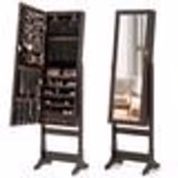 COSTWAY Armoire à Bijoux sur Pieds Lumières LED 4 Angles Inclinables Design Verrouillable Crochets Étagères et Tiroirs Marron