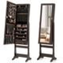 COSTWAY Armoire à Bijoux sur Pieds Lumières LED 4 Angles Inclinables Design Verrouillable Crochets Étagères et Tiroirs Marron