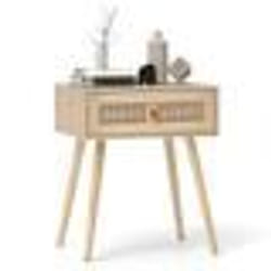 COSTWAY Table de Chevet en Rotin avec Tiroir Pieds en Bois Table de Nuit pour Salon Chambre 48 x 40 x 58 cm Naturel