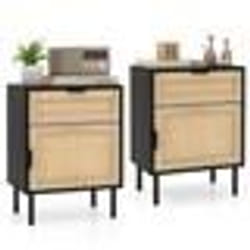 COSTWAY Lot de 2 Table de Chevet en Rotin avec Tiroir et Porte Pieds Métalliques pour Salon Chambre 45 x 30 x 59 cm Noir
