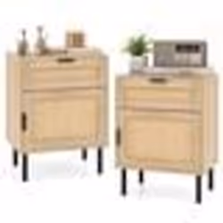 COSTWAY Lot de 2 Table de Chevet en Rotin avec Tiroir et Porte Pieds Métalliques pour Salon Chambre 45 x 30 x 59 cm Naturel