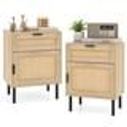 COSTWAY Lot de 2 Table de Chevet en Rotin avec Tiroir et Porte Pieds Métalliques pour Salon Chambre 45 x 30 x 59 cm Naturel