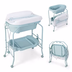 COSTWAY Table à Langer Bébé-Baignoire 20L 4 en 1 Pliante 4 RouesTuyau 1mPlateau de Rangement Coussin PVC Imperméable 35Kg Ble ...