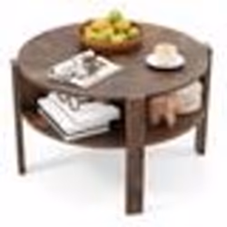 COSTWAY Table Basse Salon Ronde à 2 Niveaux avec Rangement 4 Etagères Plateau en Faux Bois Table dAppoint Marron de 745 cm