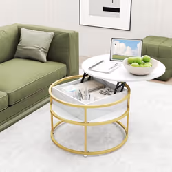 COSTWAY Table Basse à Plateau Relevable Table Centrale Ronde 80 cm à 2 Niveaux Compartiment Caché et Étagères Latérales Blanc