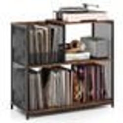 COSTWAY Meuble Étagère pour Vinyle à 3 Niveaux Disques jusquà 300 Albums 3 Diviseurs Amovibles Support en Métal Marron Rustique