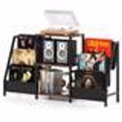 COSTWAY Meuble Étagère pour Platine Vinyle avec 3 Étagères 6 Poches Structure en Métal pour Chambre Studio Café Marron Rustiq ...