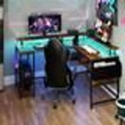 COSTWAY Bureau Gaming en Forme de L avec Lumières LED et Prises de Courant - Cadre Métallique Marron 146 x 115 x 855 cm