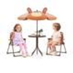 COSTWAY Table de Pique-nique 4 Pièces pour Enfants - 2 Chaises Pliantes - un Parasol Réglable en Hauteur 120-128cm Brun
