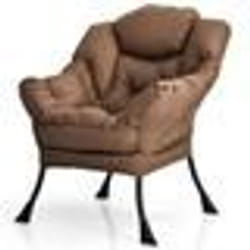 COSTWAY Fauteuil Rembourré Paresseuse Moderne en Tissu Polyester - Cadre Métallique - Accoudoirs et Poche Latérale Marron