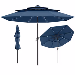 COSTWAY Parasol de Jardin de 313 cm - 32 LEDs - Réglage dInclinaison 35° - Toit Aéré à 3 Niveaux - Manivelle pour Terrasse Bl ...