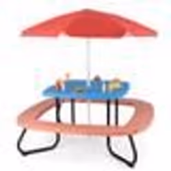 COSTWAY Table de Pique-Nique avec 4 Bancs pour 8 Enfants- Parasol Réglable et Pliable - Cadre Métallique 125 × 125 × 100-160c ...