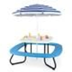 COSTWAY Table de Pique-Nique avec 4 Bancs pour 8 Enfants- Parasol Réglable et Pliable - Cadre Métallique 125 × 125 × 100-160cm Bleu