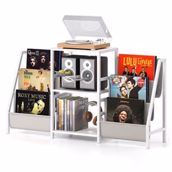 COSTWAY Meuble Étagère pour Platine Vinyle jusquà 200 albums 3 Étagères 6 Poches Structure en Métal pour Studio Café Blanc
