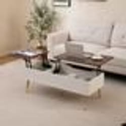 COSTWAY Table Basse Relevable 40-535 cm 2 Compartiments de Rangement Dissimulés Pieds en Métal Table Basse Salon Noyer