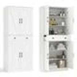 COSTWAY Buffet de Cuisine 183cm 4 Portes Tiroir 3 Étagères Ajustables 2 Kits Anti-Basculement pour Salon Salle à Manger Blanc