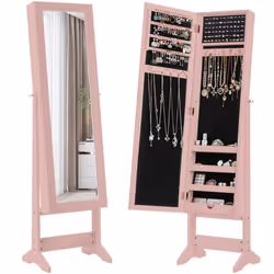 COSTWAY Armoire à Bijoux sur Pied avec Miroir Plein Long 3 Angles Réglables Crochets pour Colliers Emplacements Étagères Rose