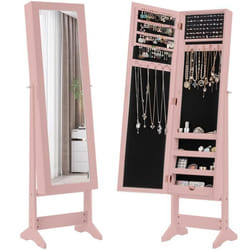 COSTWAY Armoire à Bijoux sur Pied avec Miroir Plein Long 3 Angles Réglables Crochets pour Colliers Emplacements Étagères Rose